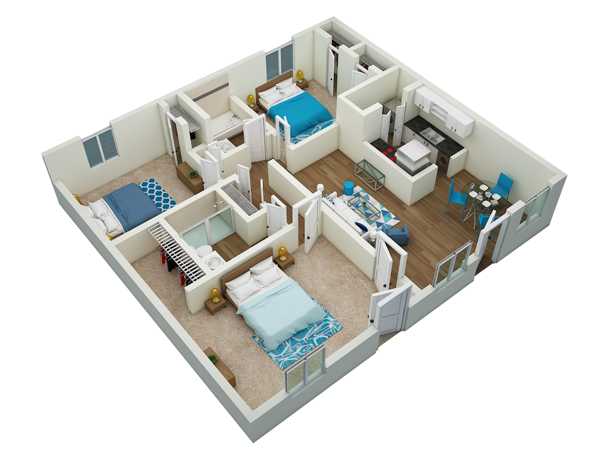 Floor plan for 3 beds, 2 baths, 1200 sqft